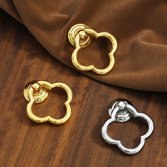 Clover Brass Drop Ring, Cabinet Knobs, MCM Drawer Pulls, Nickel Chrome Bronze