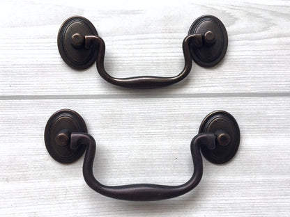 3.5" 4" Bail Drawer Pulls, Drop Handles, Dark Antique Brass,  Vintage Style
