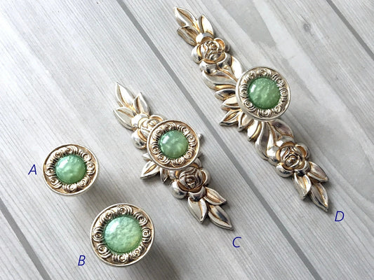 Shabby Chic Style Green Drawer Knobs with Antique Silver Backplate