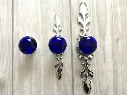 Blue Glass Drawer Knobs with Back Plate, Polished Chrome