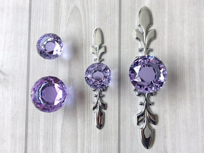 Purple Glass Drawer Knobs with Backplate, Polished Chrome