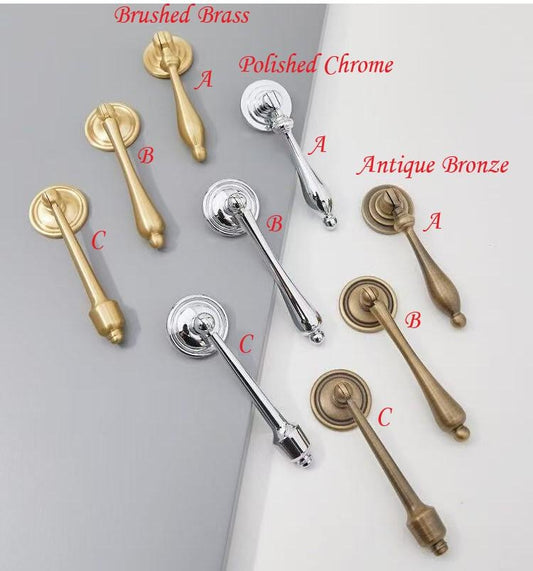 Brass Cabinet Teardrop Pull, Pendent Drawer Knob, Brushed Brass, Polished Chrome, Antique Bronze