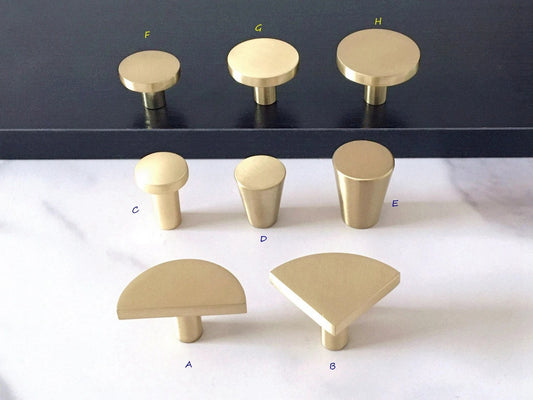 Brushed Gold Dresser Drawer Knobs, MCM Kitchen Cabinet Pulls, Half Circle, Quarter Moon, Conical