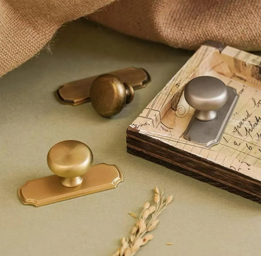 Solid Brass Round Cabinet Knob with Backplate Brushed Gold Nickel Silver Antique Bronze