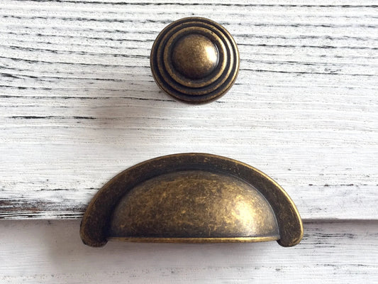 2.75" Cup Drawer Pull & Cabinet Knob in Antique Brass, 2-3/4 Inch 70 mm Centers