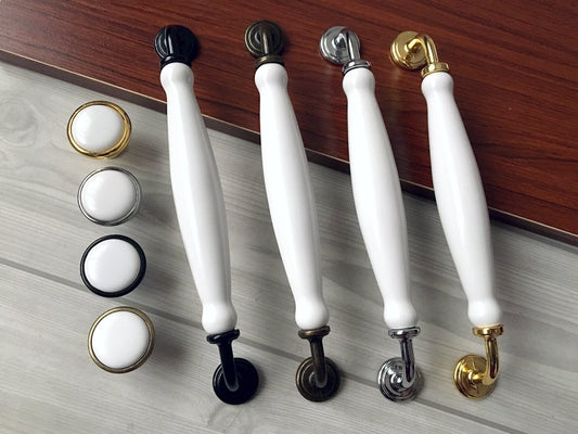 7.5" Kitchen Cabinet Pulls, Round Knobs, 192 mm Centers, Porcelain, White Bronze Chrome