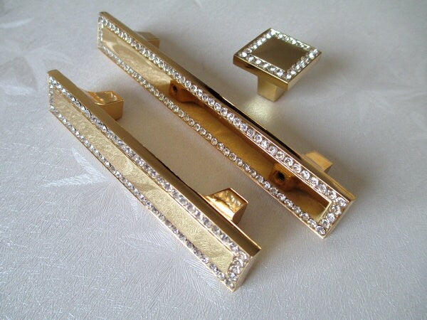 2.5" 3.75" Gold Crystal Drawer Pull, Square Glass Cabinet Knob, Kitchen Hardware 64 96 mm