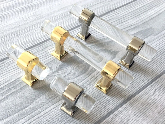 Poignées de tiroir en Lucite, acrylique, laiton doré brossé | Lynns Hardware | Entraxes : 5, 6,35 et 8,35 cm