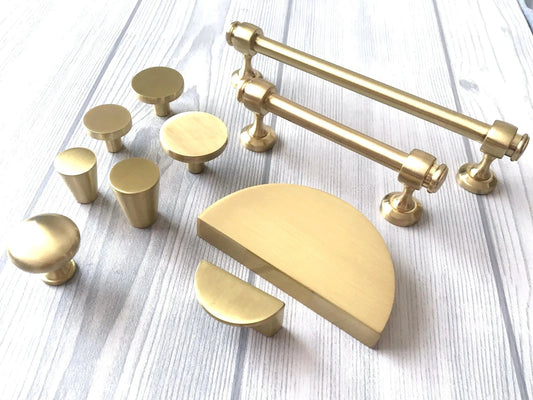 Brushed Gold Drawer Pull Half Moon, Circle Cabinet Knobs, Bar Handles, MCM Kitchen Hardware