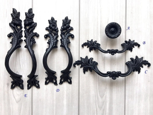 Black Leafy Cabinet Drawer Pulls, Floral Knob, Pair Vertical Handles