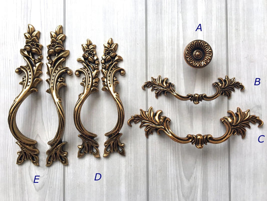 Antique Gold Brass Leafy French Provincial Drawer Pulls, Vertical Cabinet Handles