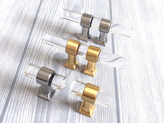 1" Centers, Acrylic Drawer Pulls, Lucite Cabinet Knobs, Black Gold Nickel Silver