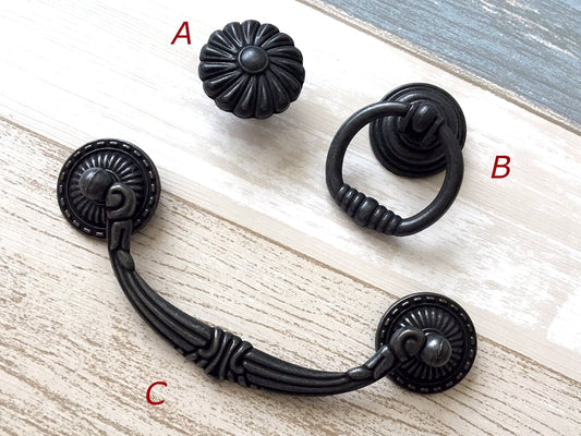 4.5" Vintage Style Antique Black Bail Drawer Pull, Drop Ring, Round Knob