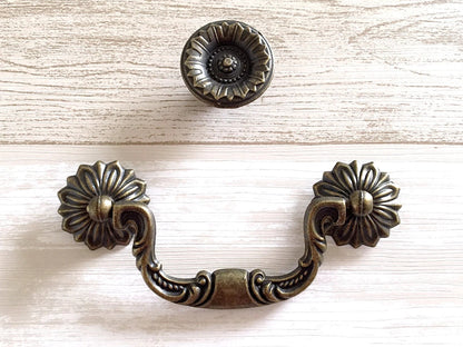 3.75" Drop Bail Drawer Pulls, Floral Knob, Vintage Style, Antique Bronze