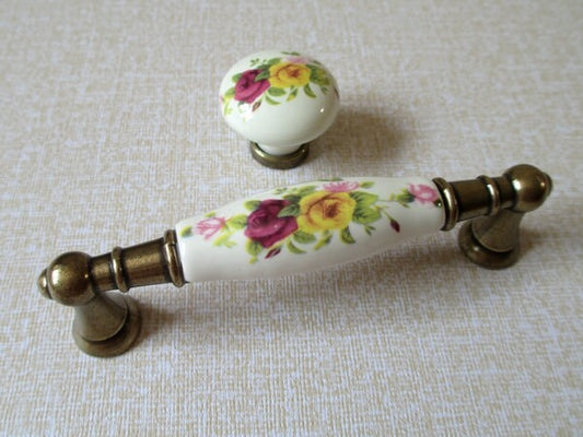 3.75" C-C Floral Drawer Pull & Knobs, Antique Bronze, Cream, Ceramic