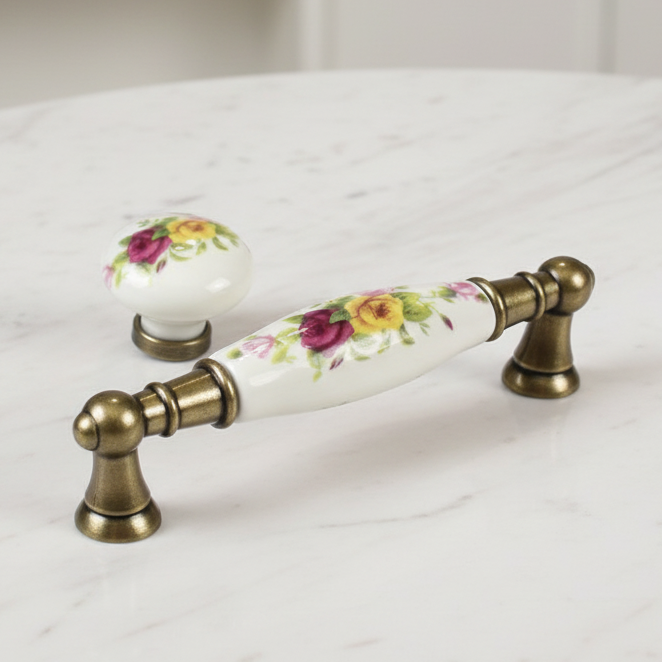 3.75" Antique Bronze Ceramic Floral Drawer Pull & Knob - LynnsHardware