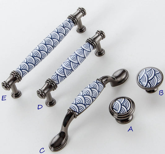 3.75" 5" Porcelain Cabinet Pulls, Blue White Scallop, Geometric Fish Scale, 96 128 mm Holes