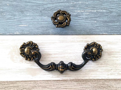 4.5" Vintage Style Antique Gold Brass Drop Bail Drawer Pull and Cabinet Knob