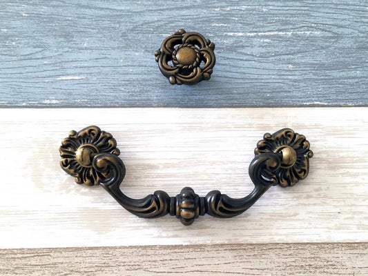 4.5" Vintage Style Antique Gold Brass Drop Bail Drawer Pull and Cabinet Knob
