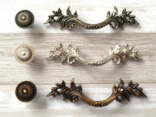3" Centers Leafy Drawer Pulls, French Provincial, Antique Bronze Silver Copper