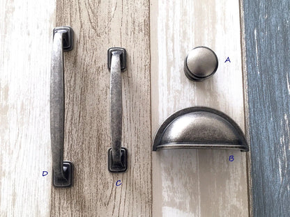 3" 3.75" 5" Cabinet Pull Handles, Antique Pewter, Cup Drawer Pulls