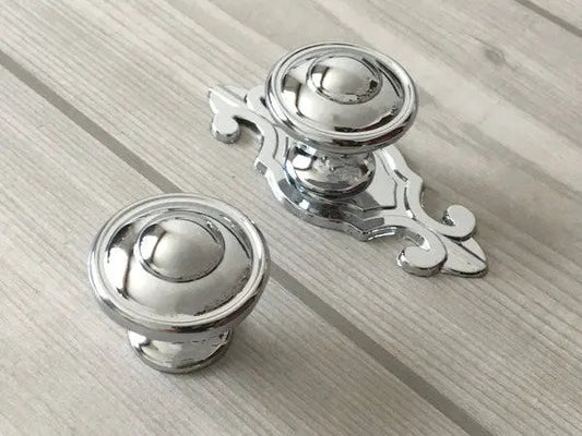 Polished Chrome Cabinet Knobs with Backplate, Modern Silver Kitchen Hardware