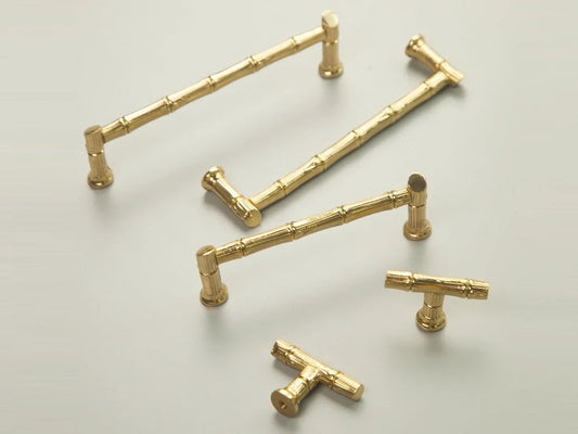 Bamboo Drawer Handles, Polished Gold, Kitchen Cabinet Hardware, 3.75" 5" 7.5" Centers