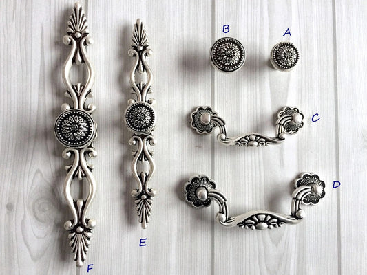 Sunflower Drawer Knobs and Pulls, Antique Silver Black, Retro Kitchen Hardware