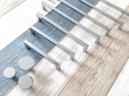 Slim Square Cabinet Pulls, Circle Drawer Knobs, Polished Chrome, Modern Kitchen Hardware