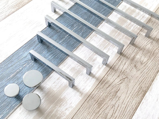 Slim Square Cabinet Pulls, Circle Drawer Knobs, Polished Chrome, Modern Kitchen Hardware