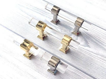 2" Centers, Acrylic Drawer Pulls, Lucite Cabinet Knobs, Black Gold Nickel Silver