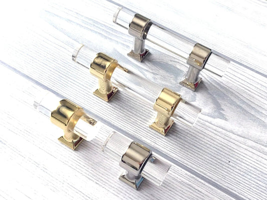 2" Centers, Acrylic Drawer Pulls, Lucite Cabinet Knobs, Black Gold Nickel Silver