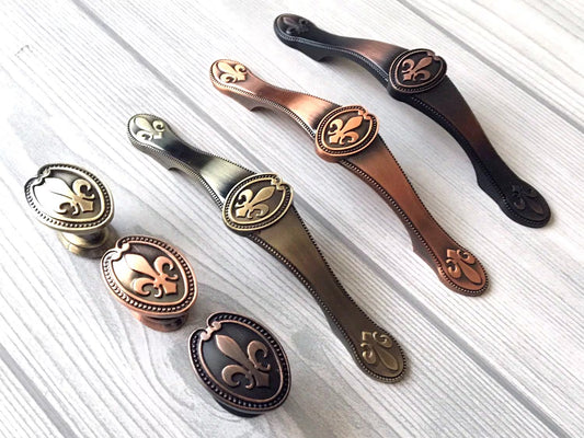 Fleur De Lis Cabinet Pulls and Knobs, 3.75" Centers, Bronze, Creamy White