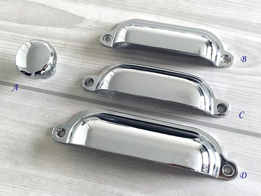 Cup Drawer Pull and Knobs, Polished Chrome, 3.5" 3.75" 4.75" Centers