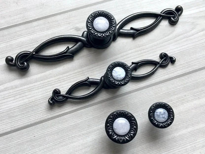 Gem Look Antique Black White Drawer Pulls, Backplates, Rustic Kitchen Hardware