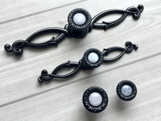 Gem Look Antique Black White Drawer Pulls, Backplates, Rustic Kitchen Hardware