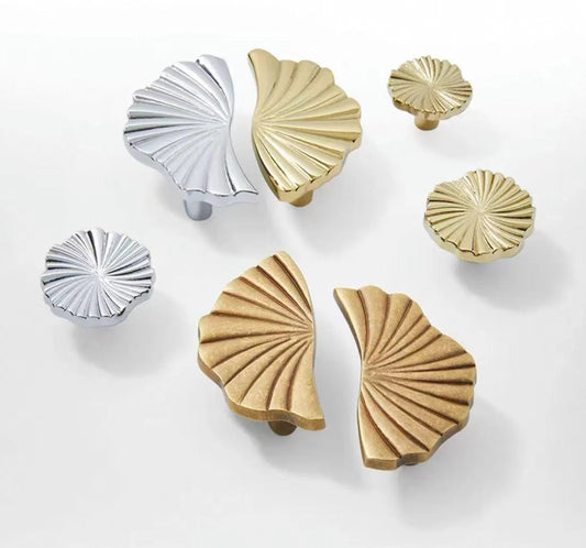 Brass Sunburst Half Circle Drawer Pulls w. Matching Knobs, Contemporary Kitchen Hardware
