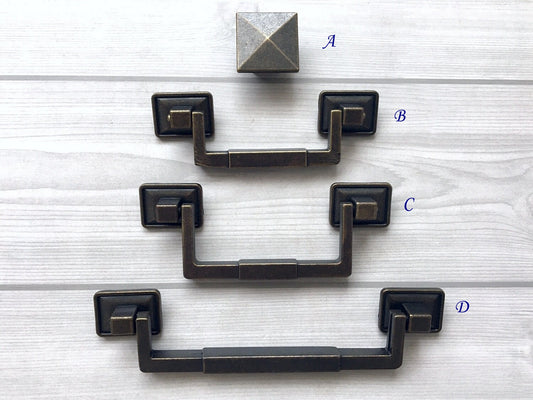 3.5" 3.75" 5.5" Vintage Style Drop Bail Drawer Pulls with Square Cabinet Knob, Antique Bronze