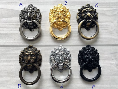 Lion Knob, Door Knocker, Lion Head Drop Ring Drawer Pull, Gold, Black, Bronze, Pewter, Silver