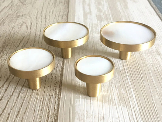 Circle Cabinet Knobs, MCM Drawer Pulls, Brass Shell, Brushed Gold Cream