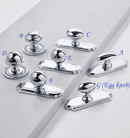Collection of polished chrome silver cabinet knobs with backplate