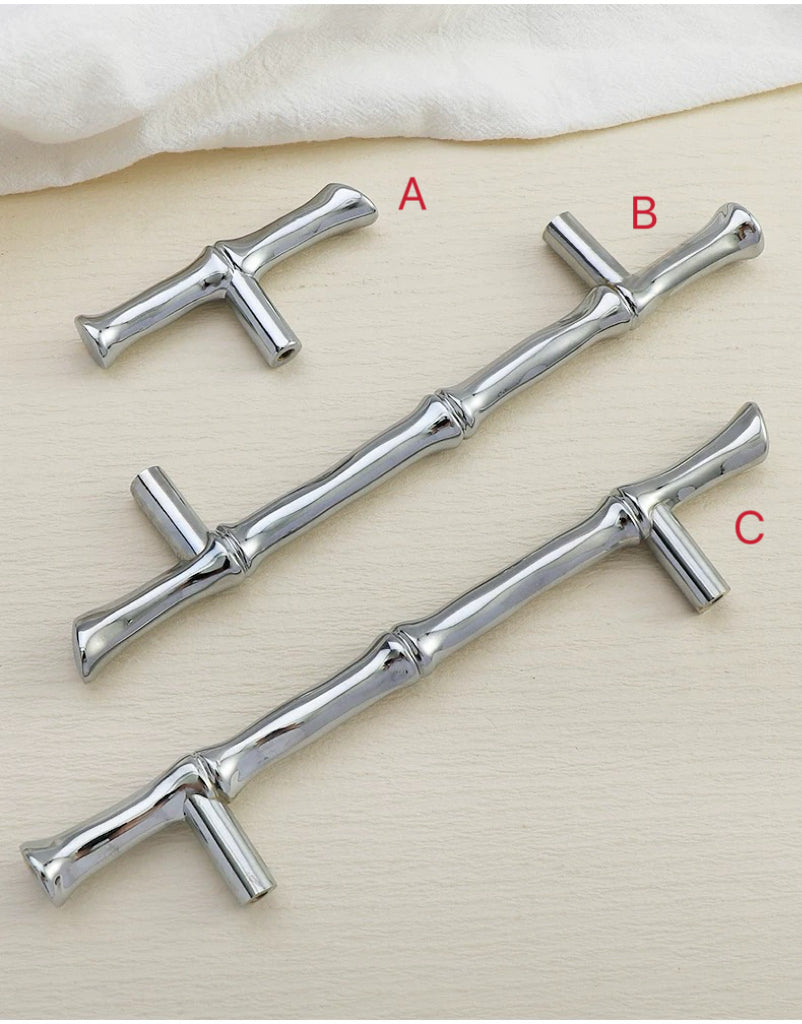Asian-inspired Bamboo Cabinet Pulls 5" 6.25", Solid Brass, Polished Brass / Chrome / Antique Bronze