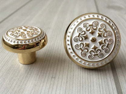 Shabby Chic Drawer Knob, Gold White Cabinet Door Pull, Decorative Kitchen Hardware