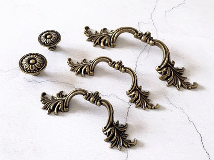 2.5" 3" 3.75" Antique Bronze Leafy Drawer Pulls, French Provincial Cabinet Hardware