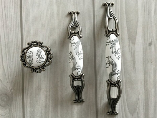 3.75" 5" Centers Antique Pewter Porcelain Drawer Pull Handle