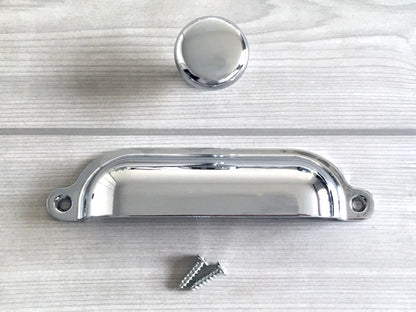 Cup Drawer Pull and Knobs, Polished Chrome, 3.5" 3.75" 4.75" Centers