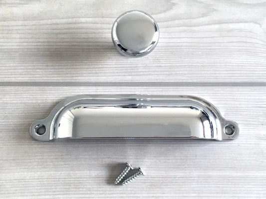 Cup Drawer Pull and Knobs, Polished Chrome, 3.5" 3.75" 4.75" Centers