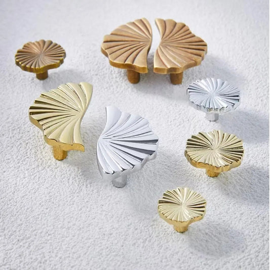 Brass Sunburst Half Circle Drawer Pulls w. Matching Knobs, Contemporary Kitchen Hardware