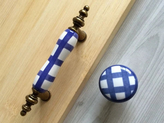 3" Centers Gingham Ceramic Drawer Pull and Cabinet Knob, Antique Bronze Green Yellow Red Blue White