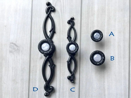Gem Look Antique Black White Drawer Pulls, Backplates, Rustic Kitchen Hardware